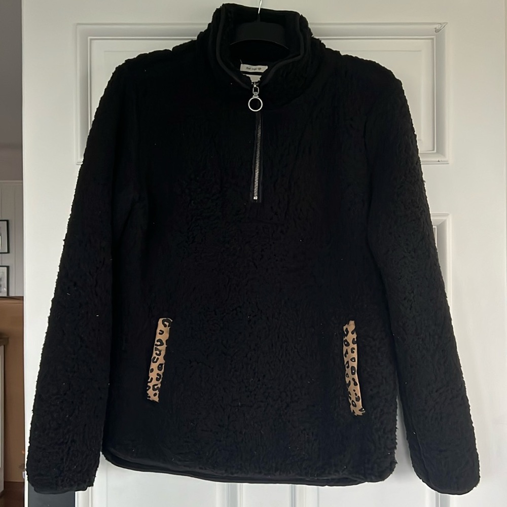 Thread & Supply black fuzzy half-zip pullover with leopard detail pockets